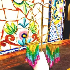 Handmade Seed Bead Danglers Gold Green Blue